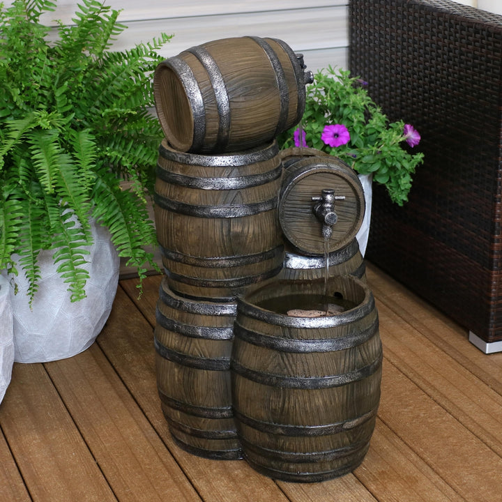 Sunnydaze Stacked Rustic Barrel Water Fountain with LED Lights - 29 in Image 4