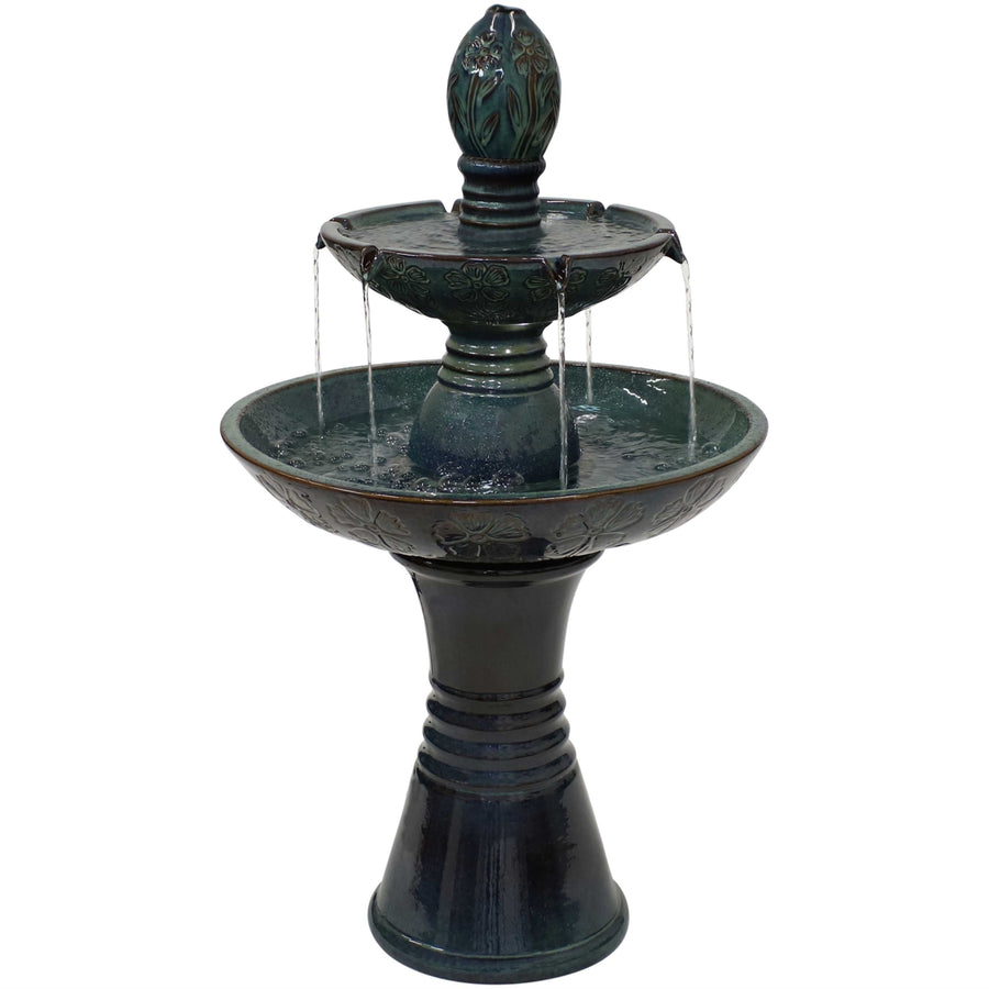 Sunnydaze Double Tier Ceramic Outdoor 2-Tier Water Fountain with Lights Image 1