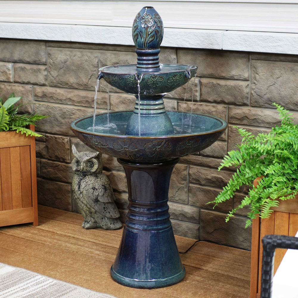 Sunnydaze Double Tier Ceramic Outdoor 2-Tier Water Fountain with Lights Image 2