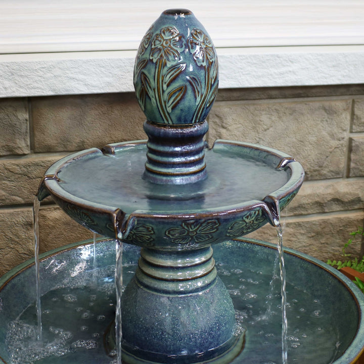 Sunnydaze Double Tier Ceramic Outdoor 2-Tier Water Fountain with Lights Image 5