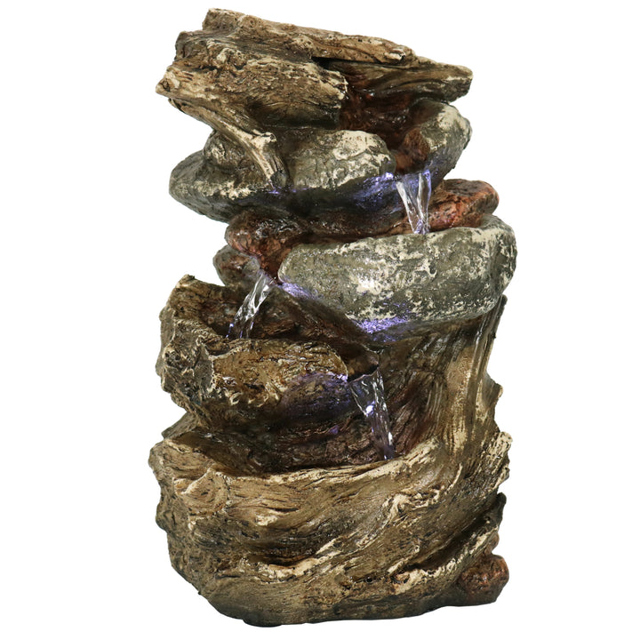 Sunnydaze Tiered Rock and Log Indoor Water Fountain with LEDs - 10.5 in Image 1