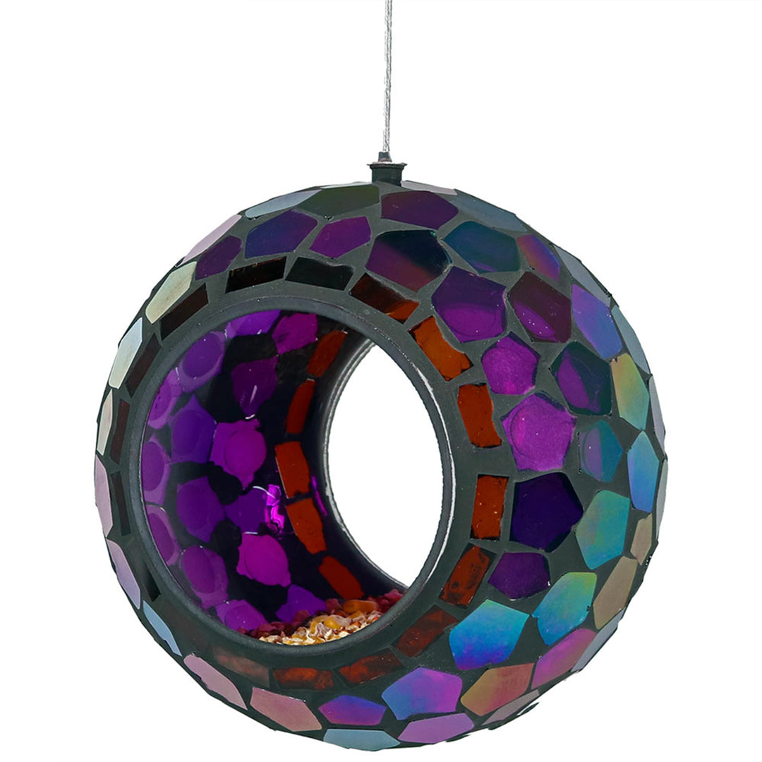 Round Mosaic Fly-Through Hanging Bird Feeder - 6 in - Purple by Sunnydaze Image 7