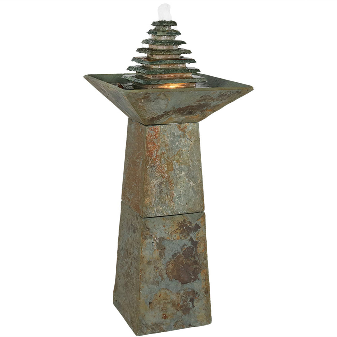 Sunnydaze Layered Slate Pyramid Water Fountain with LED Lights - 40 in Image 1