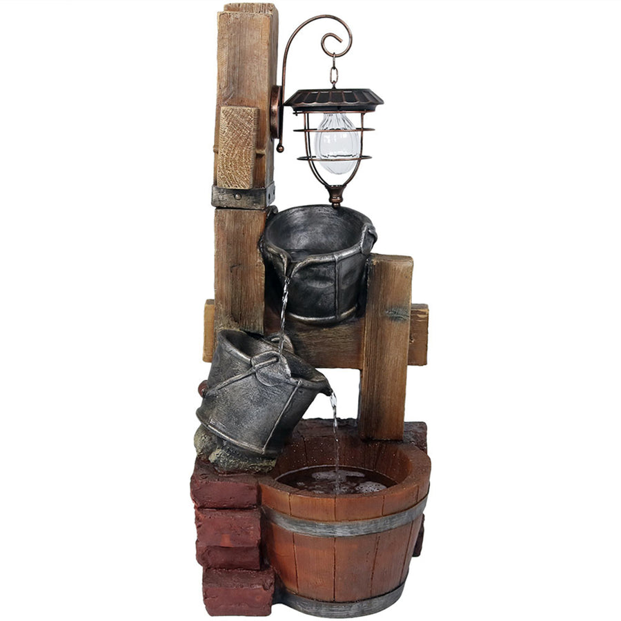 Sunnydaze Rustic Pouring Buckets Water Fountain and Solar Lantern - 34 in Image 1