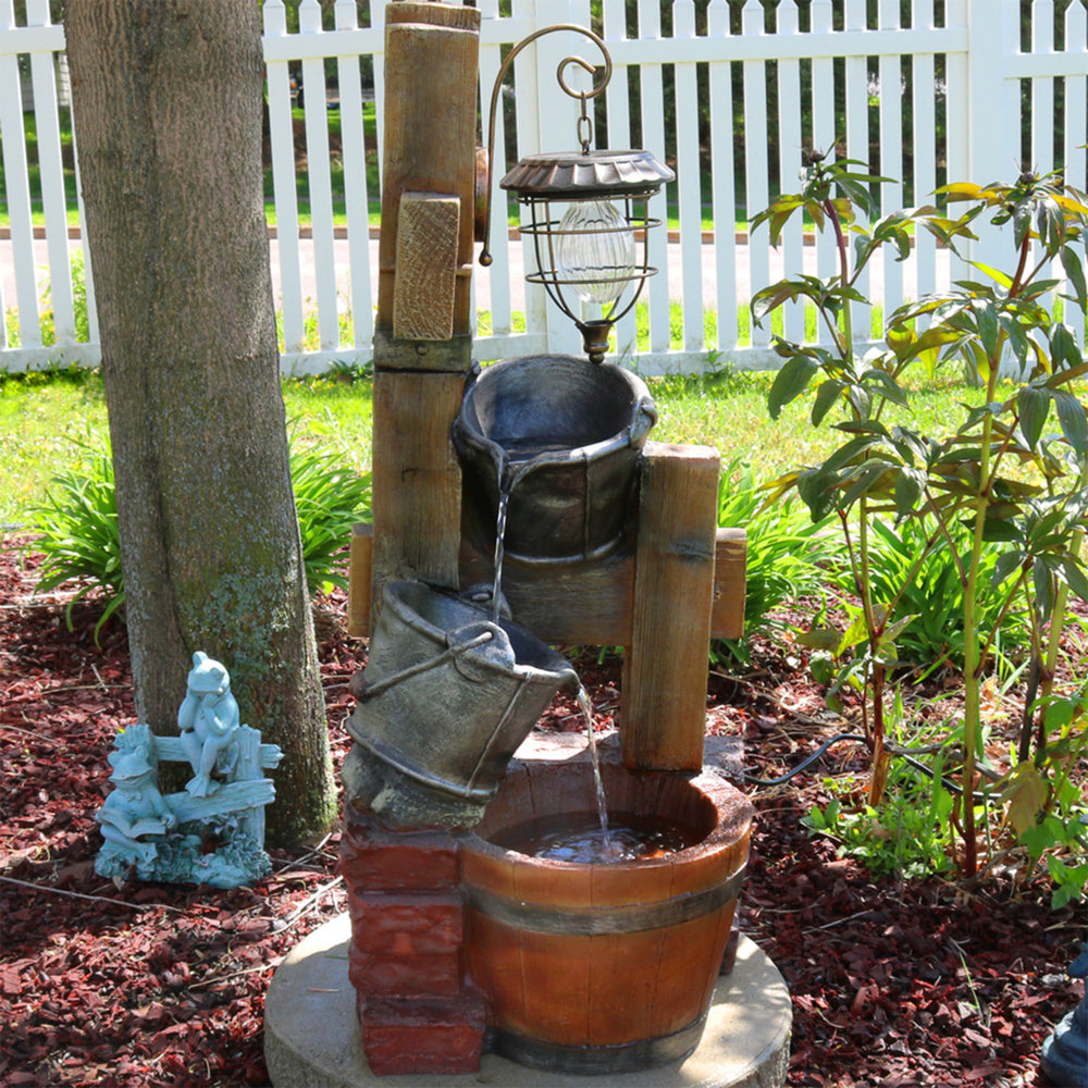 Sunnydaze Rustic Pouring Buckets Water Fountain and Solar Lantern - 34 in Image 2