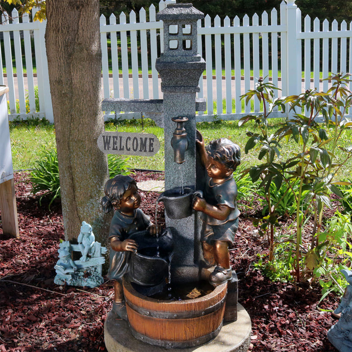 Sunnydaze Children Playing at Faucet Water Fountain with LED Lights - 40 in Image 4