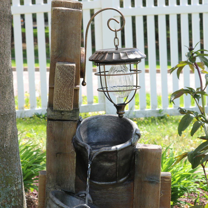 Sunnydaze Rustic Pouring Buckets Water Fountain and Solar Lantern - 34 in Image 7