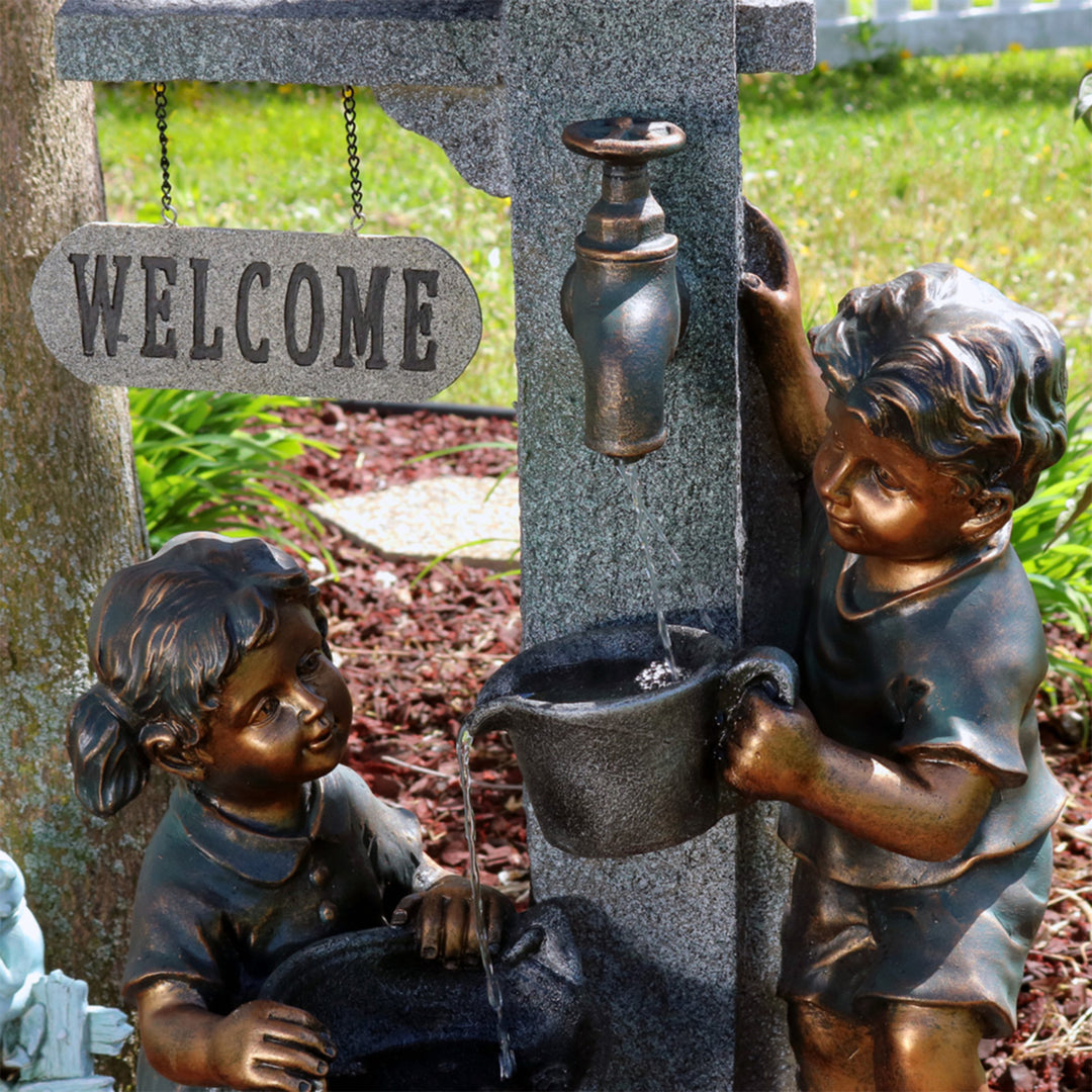 Sunnydaze Children Playing at Faucet Water Fountain with LED Lights - 40 in Image 6