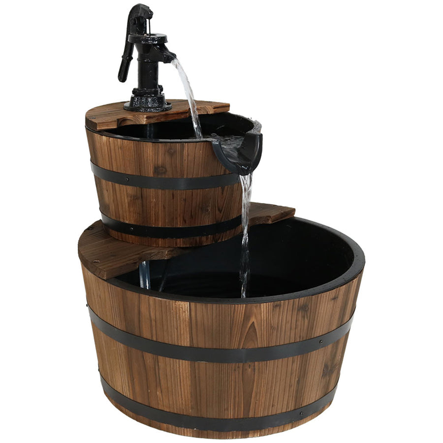 Sunnydaze Wooden Bowl/Barrel Water Fountain with Hand Pump/Liner - 23 in Image 1