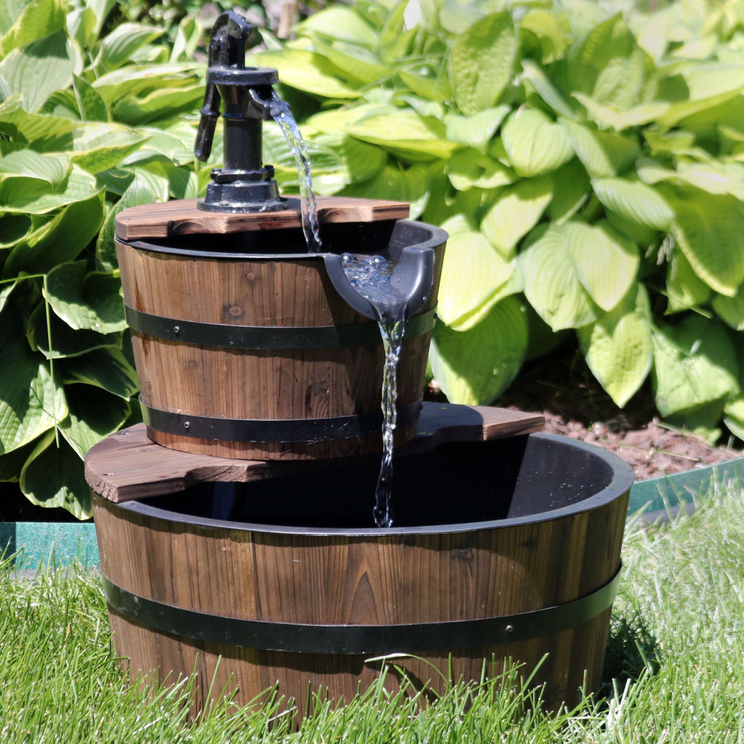 Sunnydaze Wooden Bowl/Barrel Water Fountain with Hand Pump/Liner - 23 in Image 4