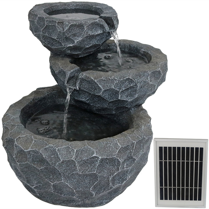 Sunnydaze 3-Tier Chiseled Basin Solar Water Fountain with Battery - 17 in Image 1