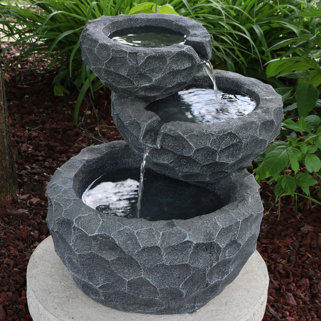 Sunnydaze 3-Tier Chiseled Basin Solar Water Fountain with Battery - 17 in Image 4