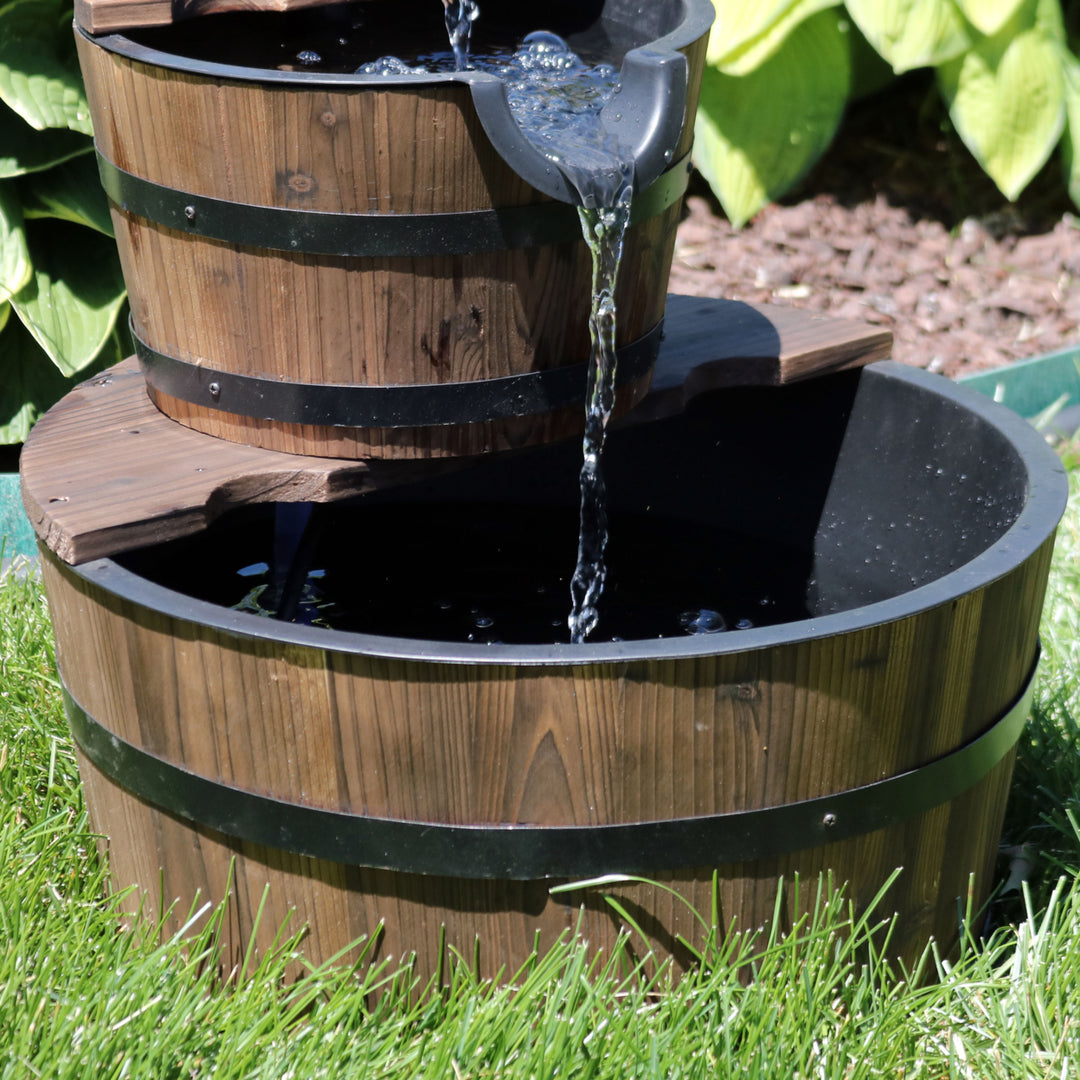 Sunnydaze Wooden Bowl/Barrel Water Fountain with Hand Pump/Liner - 23 in Image 6