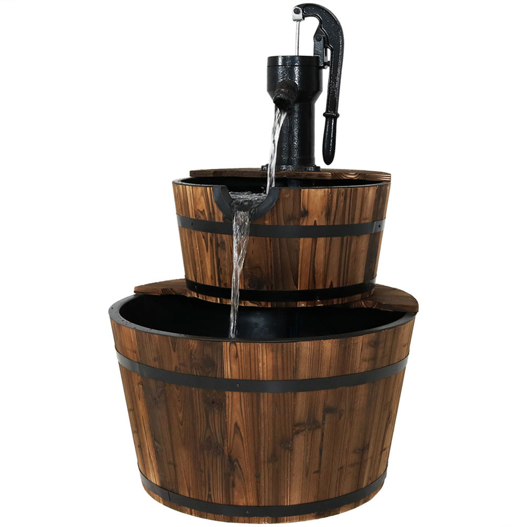 Sunnydaze Rustic 2-Tier Wood Barrel Water Fountain with Hand Pump - 34 in Image 1