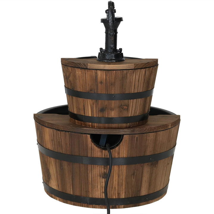 Sunnydaze Wooden Bowl/Barrel Water Fountain with Hand Pump/Liner - 23 in Image 7