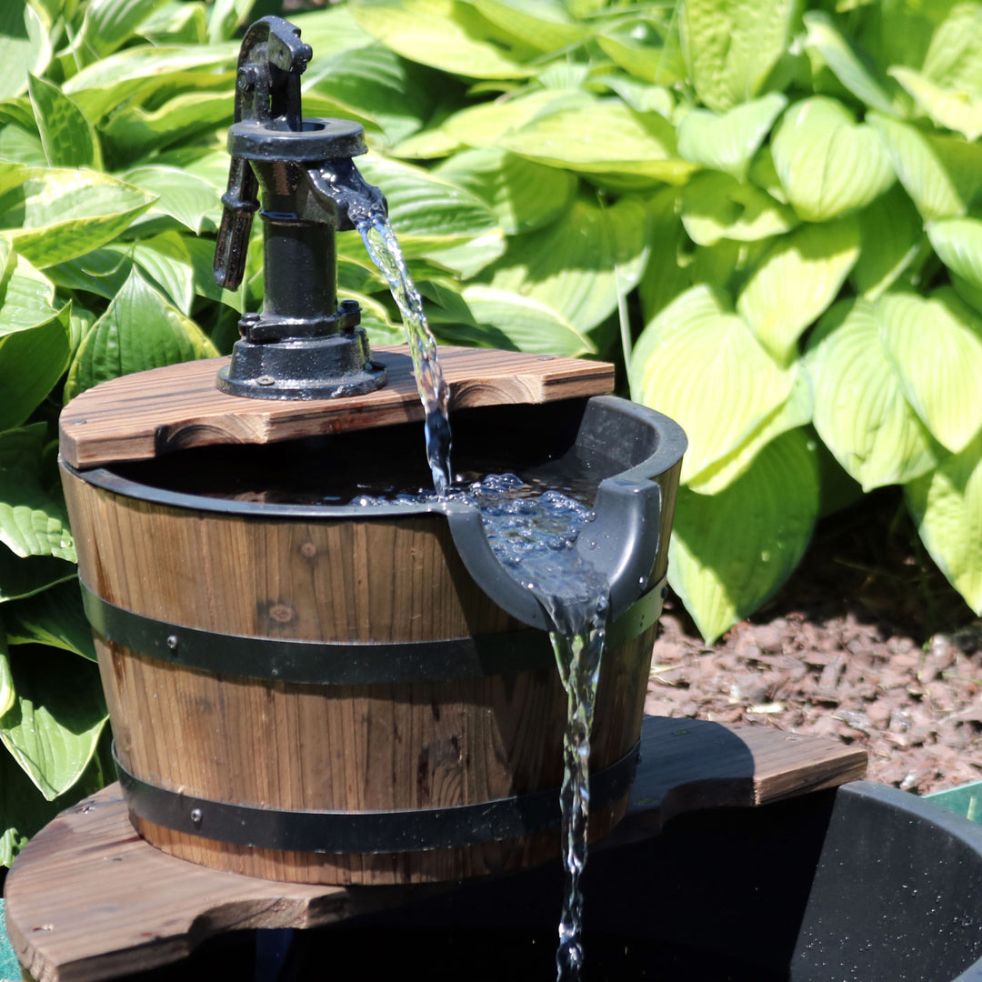 Sunnydaze Wooden Bowl/Barrel Water Fountain with Hand Pump/Liner - 23 in Image 5