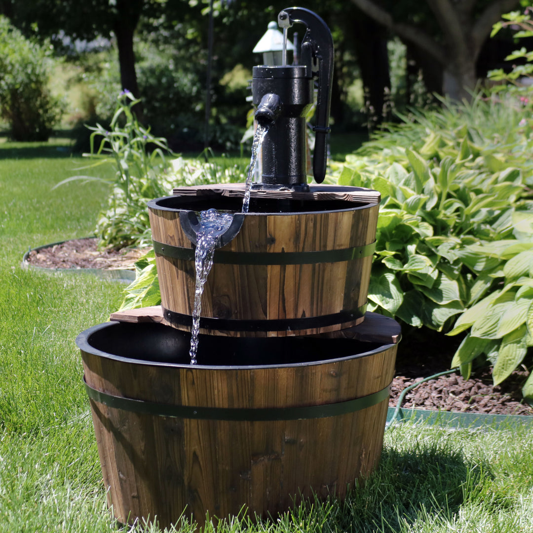 Sunnydaze Rustic 2-Tier Wood Barrel Water Fountain with Hand Pump - 34 in Image 4