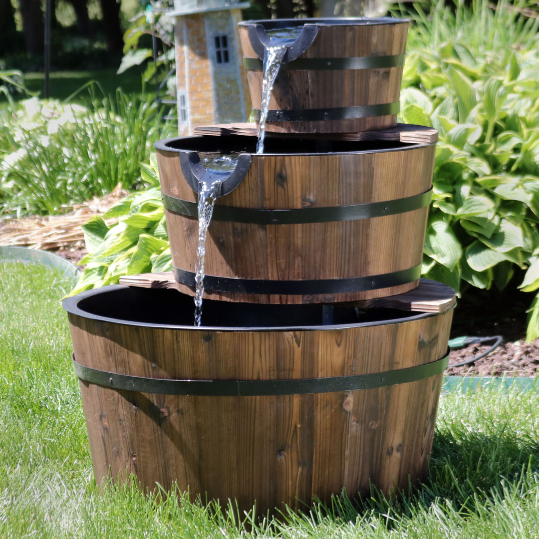 Sunnydaze Rustic 3-Tier Wooden Fir Barrel-Style Water Fountain - 30 in Image 4