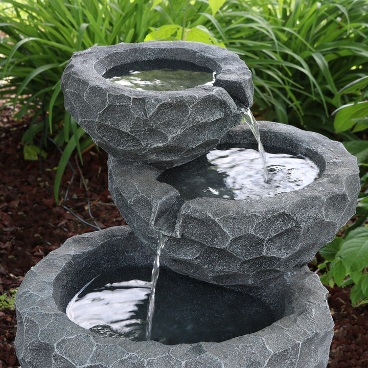 Sunnydaze 3-Tier Chiseled Basin Solar Water Fountain with Battery - 17 in Image 6