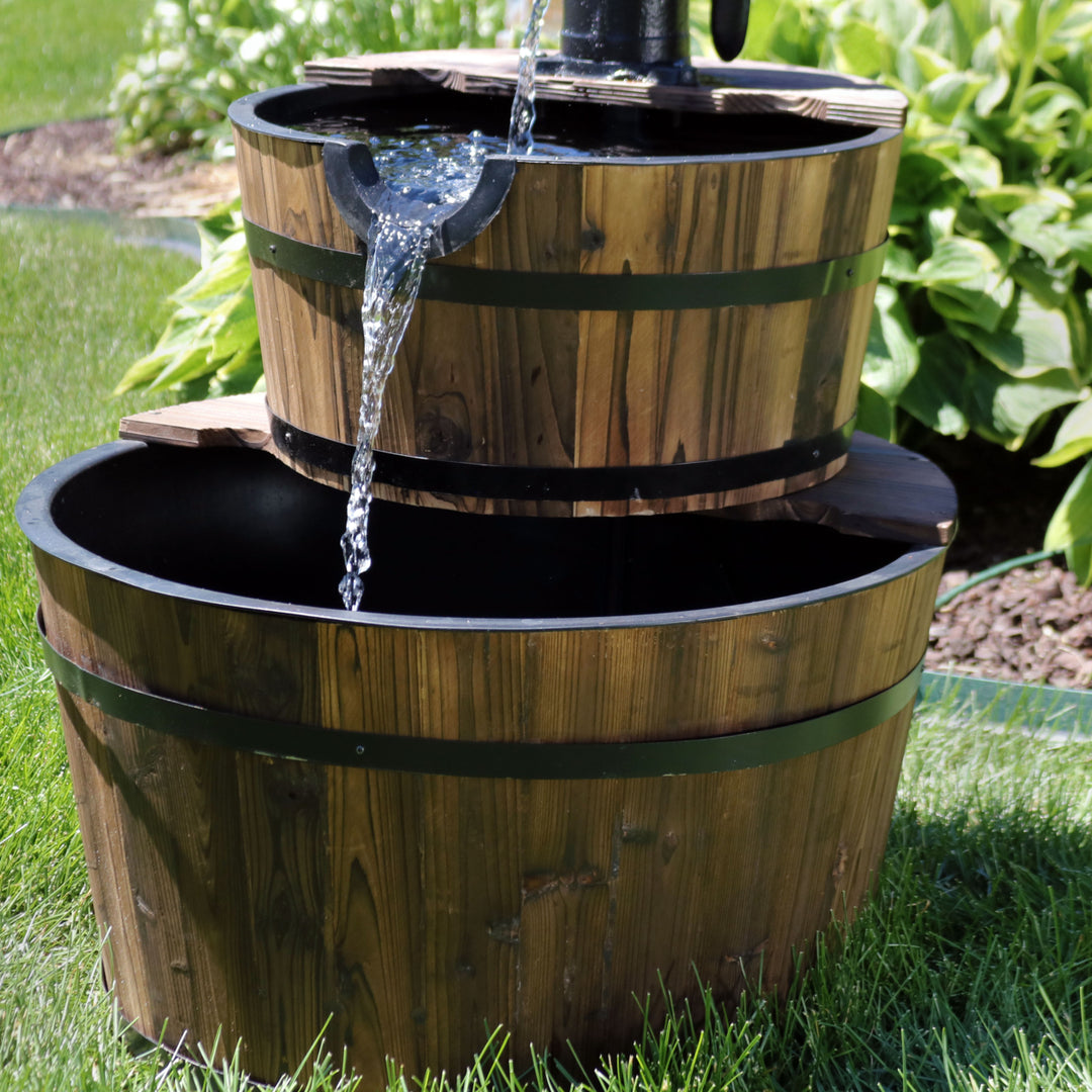 Sunnydaze Rustic 2-Tier Wood Barrel Water Fountain with Hand Pump - 34 in Image 6