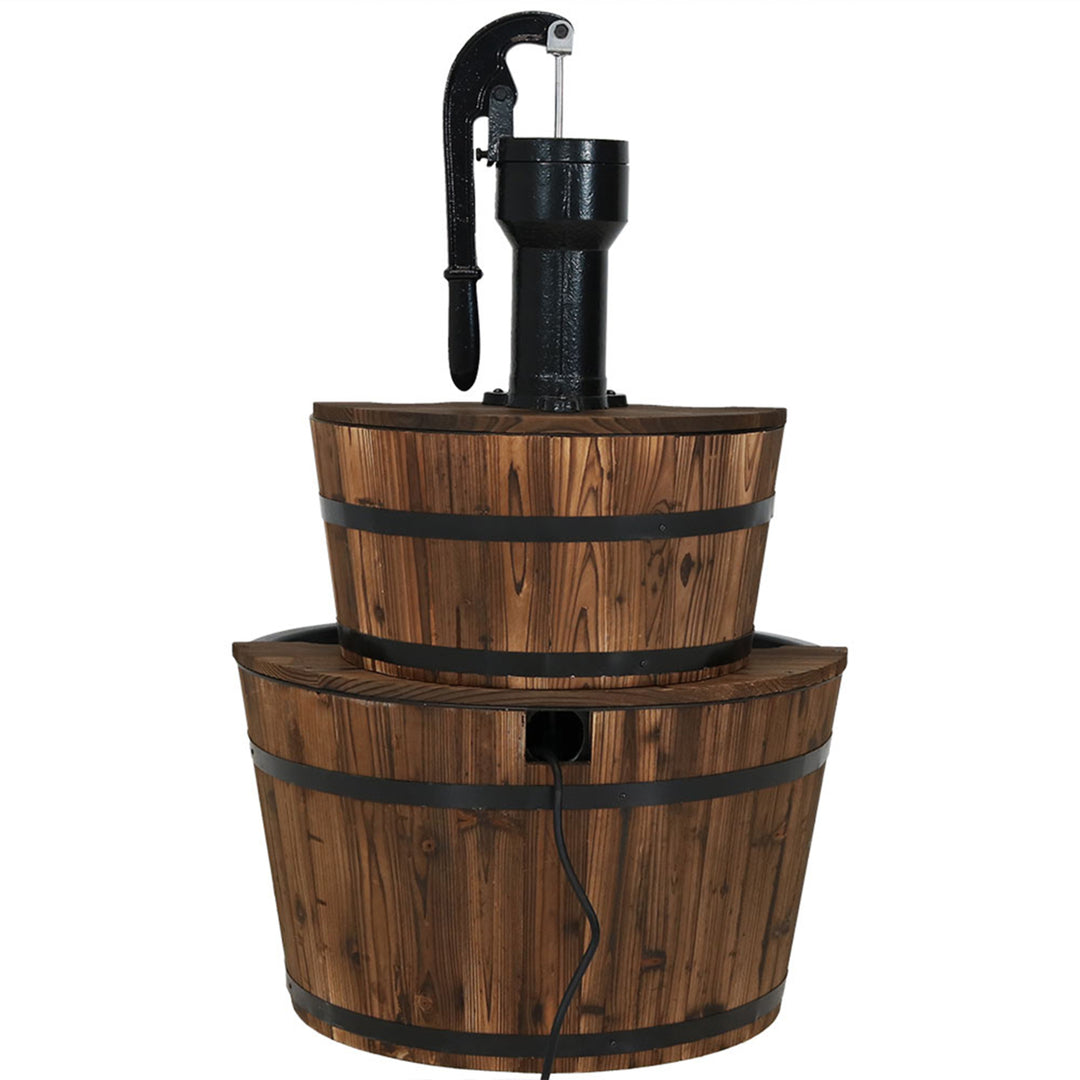 Sunnydaze Rustic 2-Tier Wood Barrel Water Fountain with Hand Pump - 34 in Image 8