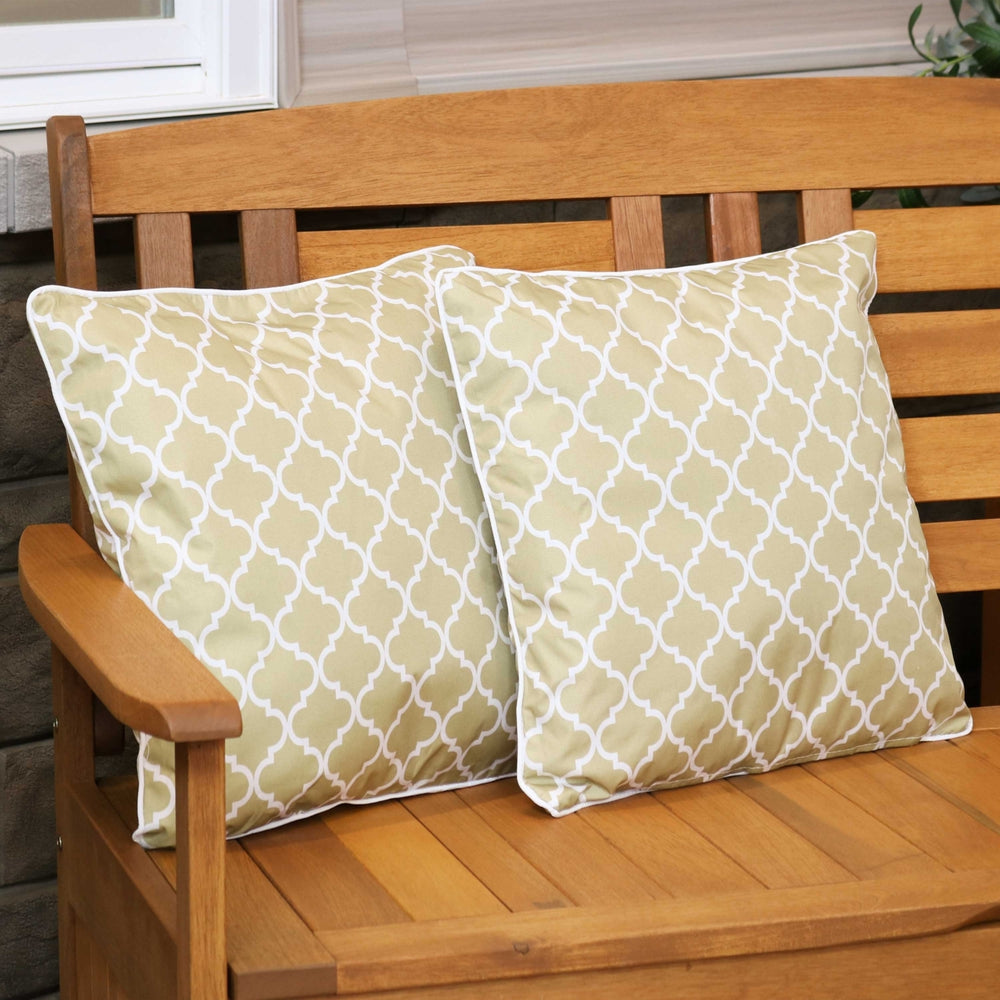 2 Pack Outdoor Throw Pillows  Patio Backyard Porch Deck Tan White Lattice 16x16 Image 2