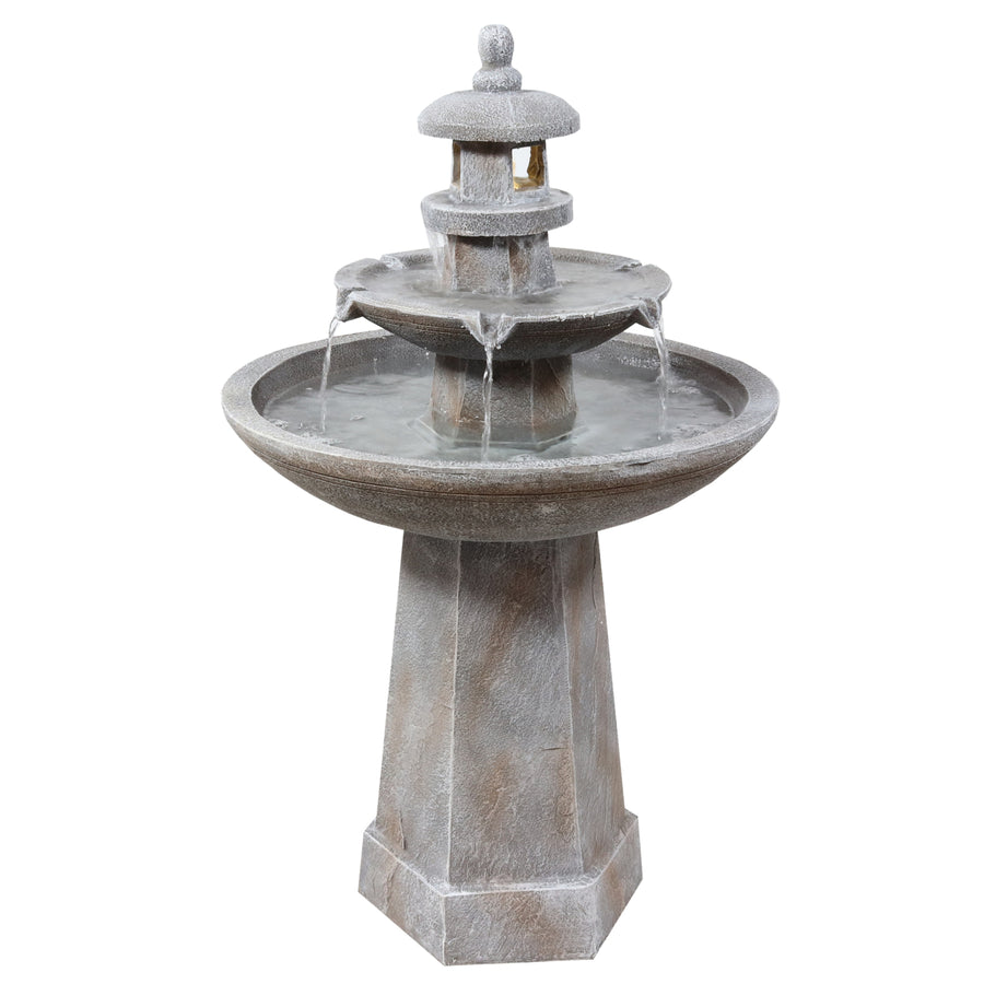 Sunnydaze Pagoda Polyresin Outdoor 2-Tier Water Fountain with Lights Image 1