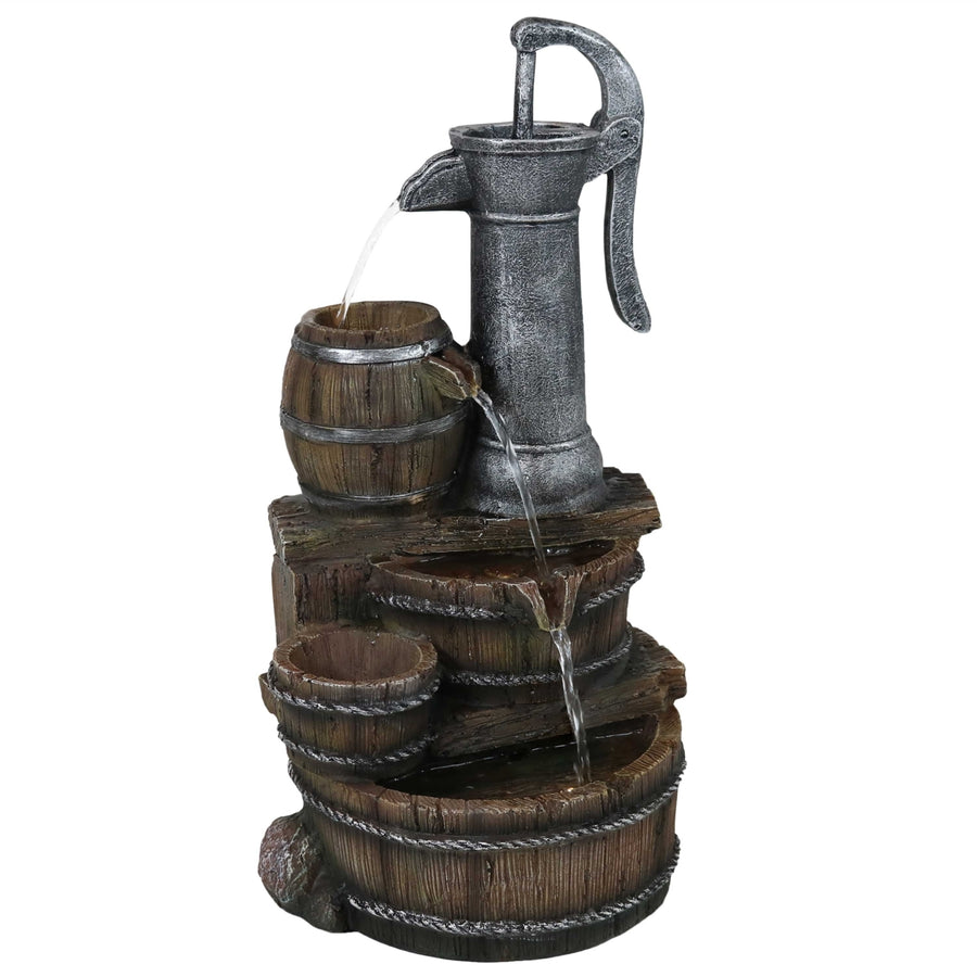 Sunnydaze Cozy Farmhouse Pump/Barrel Water Fountain with LED Lights - 23 in Image 1