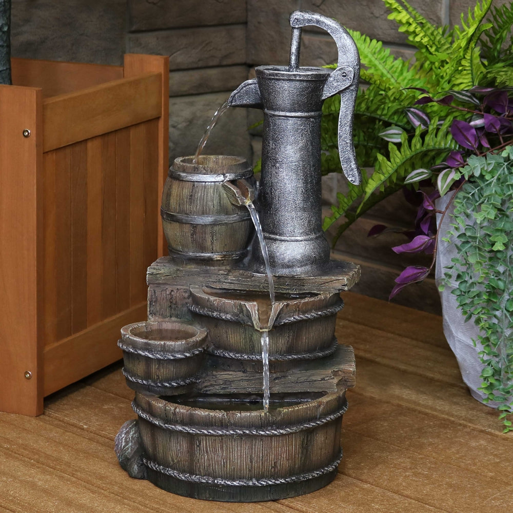 Sunnydaze Cozy Farmhouse Pump/Barrel Water Fountain with LED Lights - 23 in Image 2