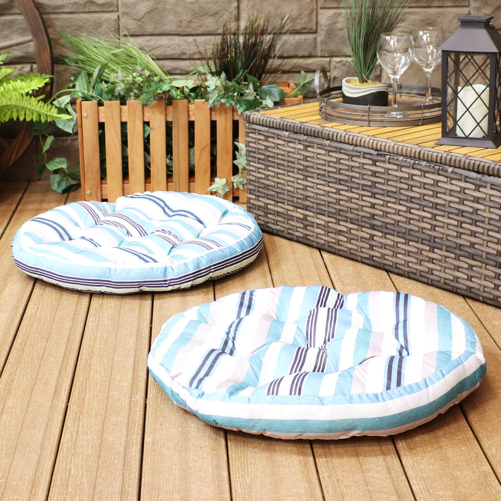 Sunnydaze Outdoor Round Polyester Floor Cushion - Seaside Stripe - Set of 2 Image 2