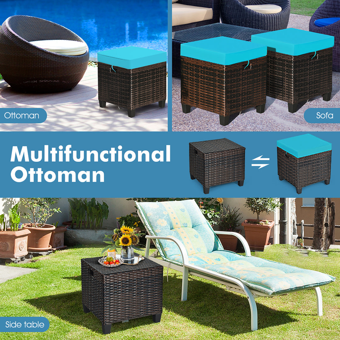 2PCS Patio Rattan Ottoman Cushioned Seat w/ Foot Rest Turquoise Image 9