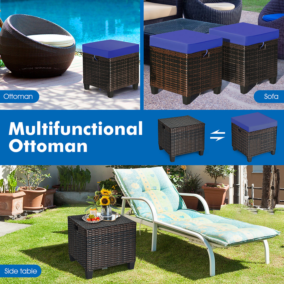 2PCS Patio Rattan Ottoman Cushioned Seat Foot Rest Coffee Table Furniture Garden Navy Image 8