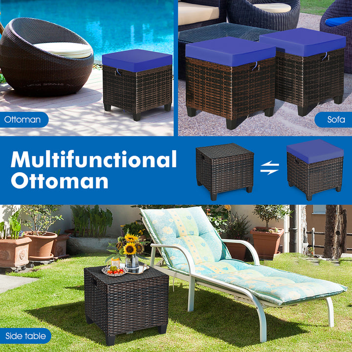 2PCS Patio Rattan Ottoman Cushioned Seat Foot Rest Coffee Table Furniture Garden Navy Image 8