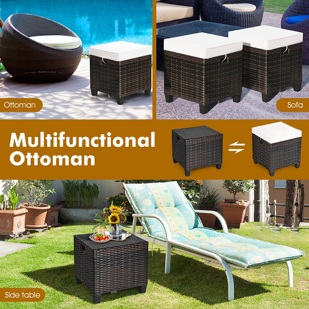 2PCS Patio Rattan Ottoman Cushioned Seat Beige Image 8