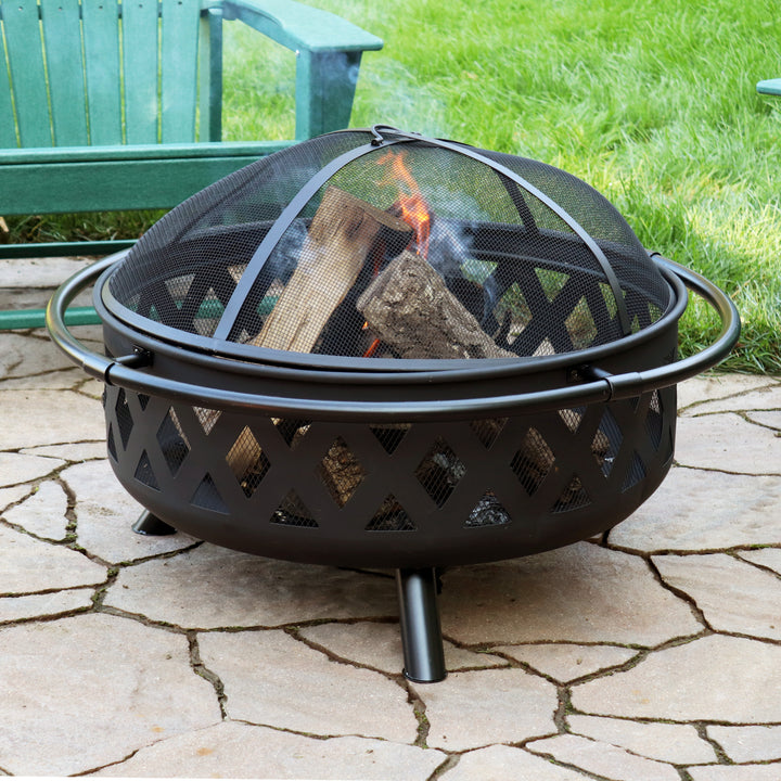 Sunnydaze 36 in Crossweave Steel Fire Pit with Screen, Poker, and Cover Image 3