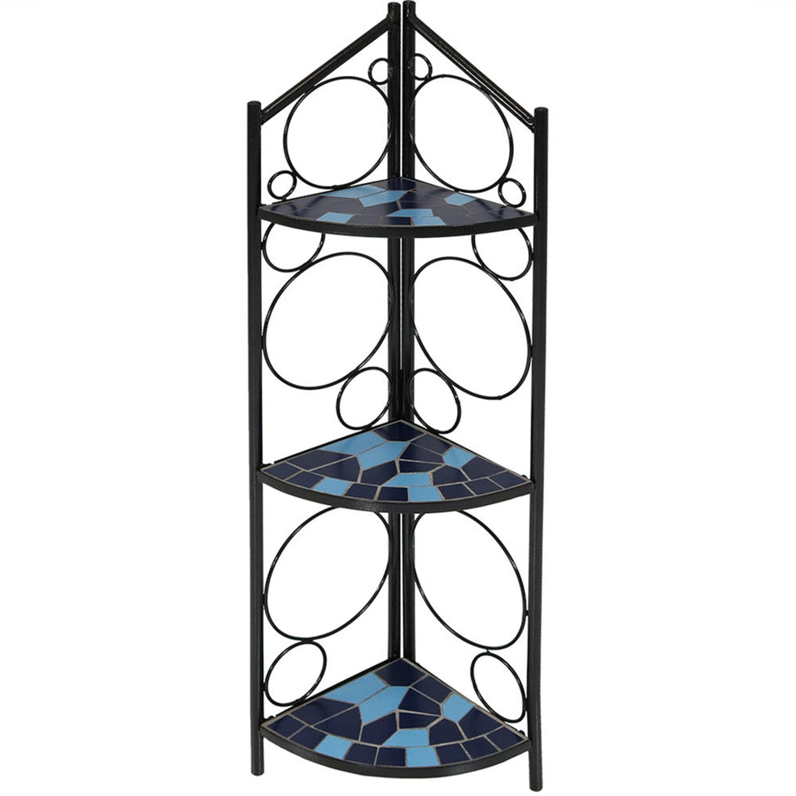 Sunnydaze Black Steel/Blue Mosaic Shelves 3-Tier Corner Plant Stand - 44 in Image 1