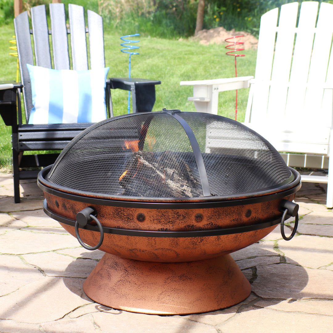 Sunnydaze 30 in Raised Outdoor Fire Pit Bowl with Spark Screen - Copper Image 4