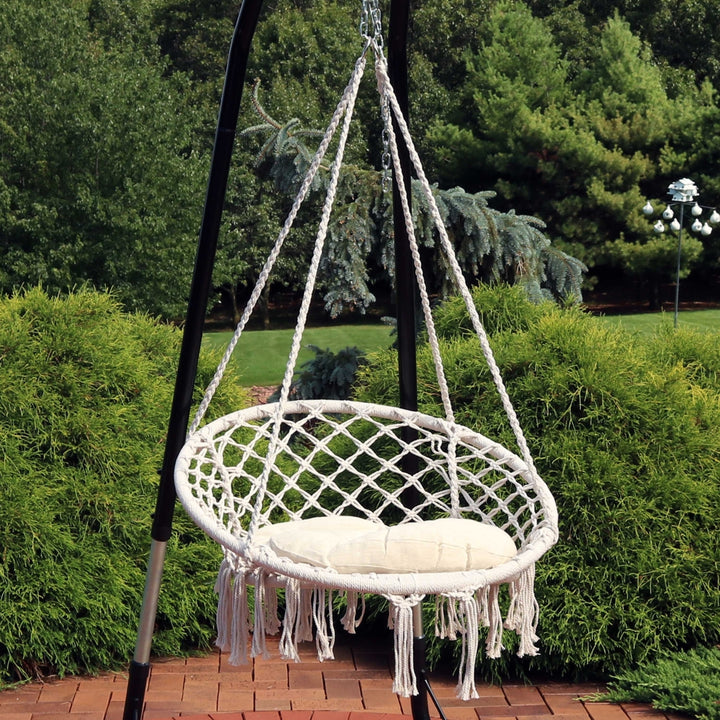 Sunnydaze Cotton Rope Macrame Hammock Chair with Tassels/Cushion - Cream Image 2