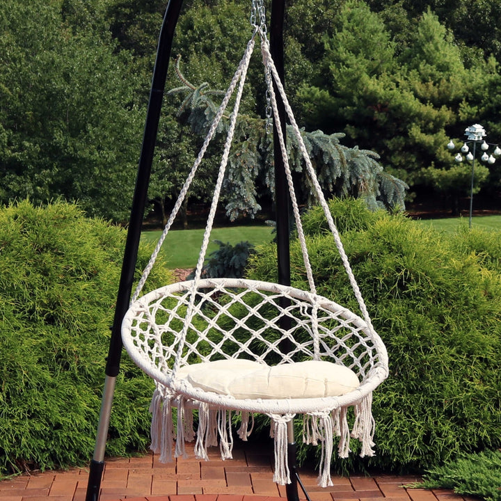 Sunnydaze Cotton Rope Macrame Hammock Chair with Tassels/Cushion - Cream Image 3