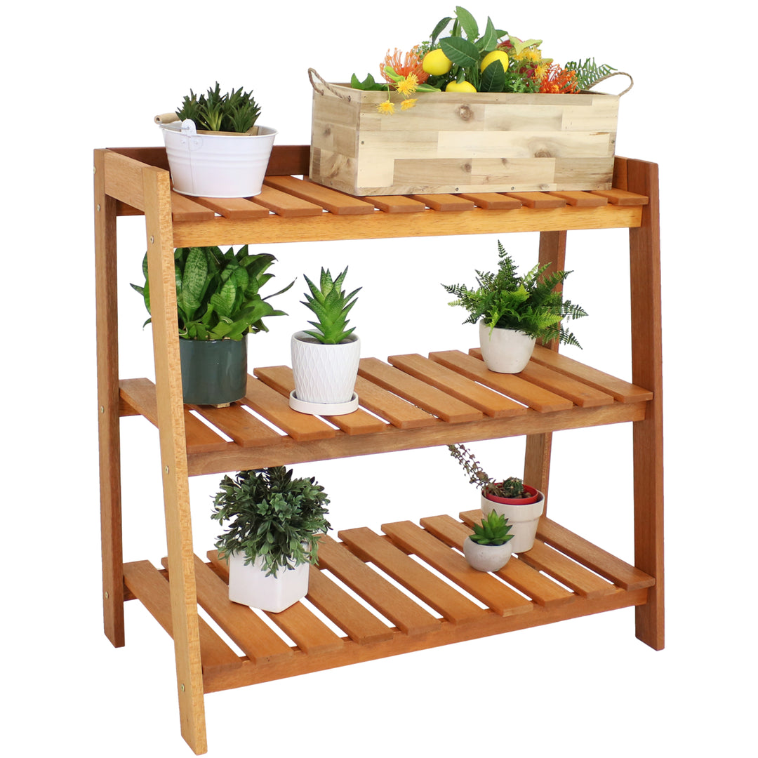 Sunnydaze 3-Tier Meranti Wood Plant Stand with Teak Oil Finish - 36 in Image 7