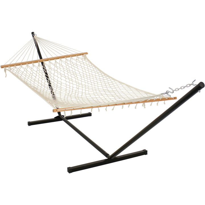 Sunnydaze 2-Person Cotton Rope Hammock with Steel Stand - Natural Image 1