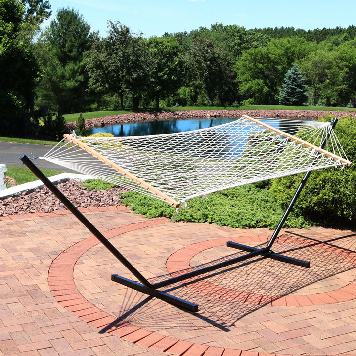 Sunnydaze 2-Person Cotton Rope Hammock with Steel Stand - Natural Image 2