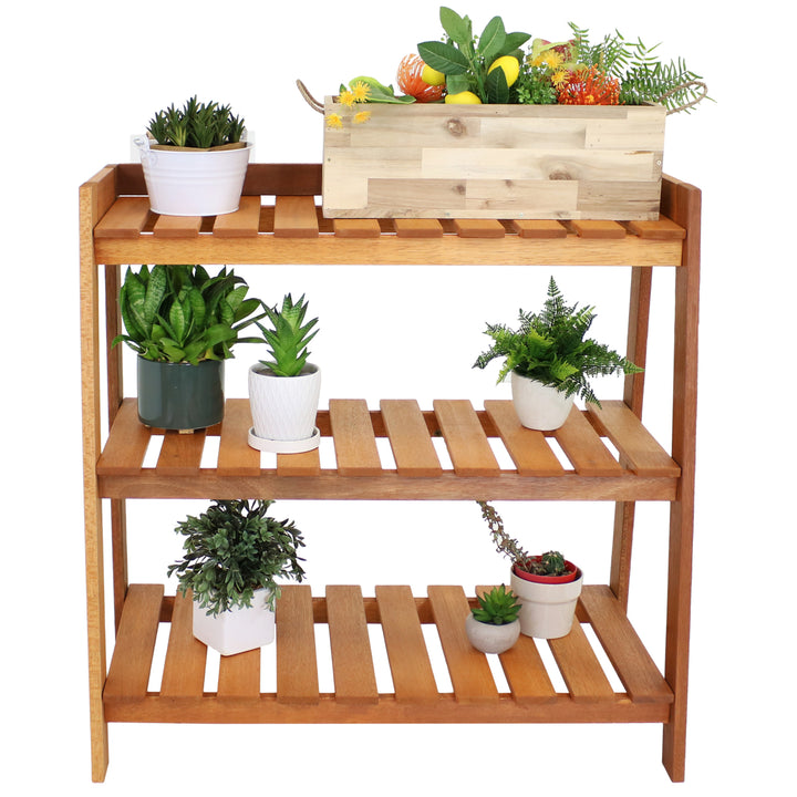 Sunnydaze 3-Tier Meranti Wood Plant Stand with Teak Oil Finish - 36 in Image 9