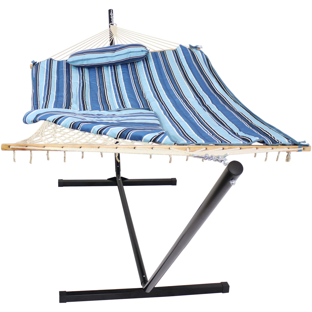 Sunnydaze Large Rope Hammock with Steel Stand and Pad/Pillow - Misty Beach Image 1