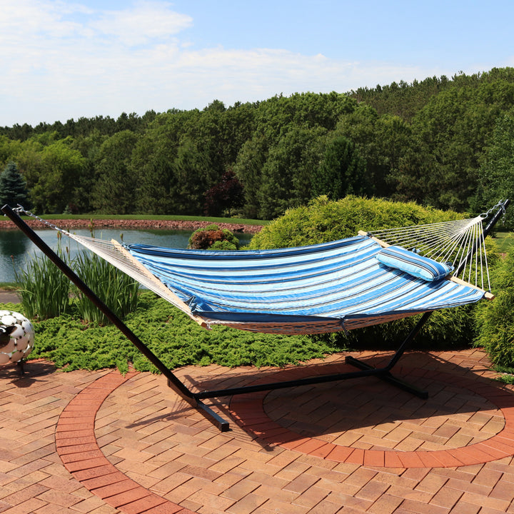 Sunnydaze Large Rope Hammock with Steel Stand and Pad/Pillow - Misty Beach Image 4