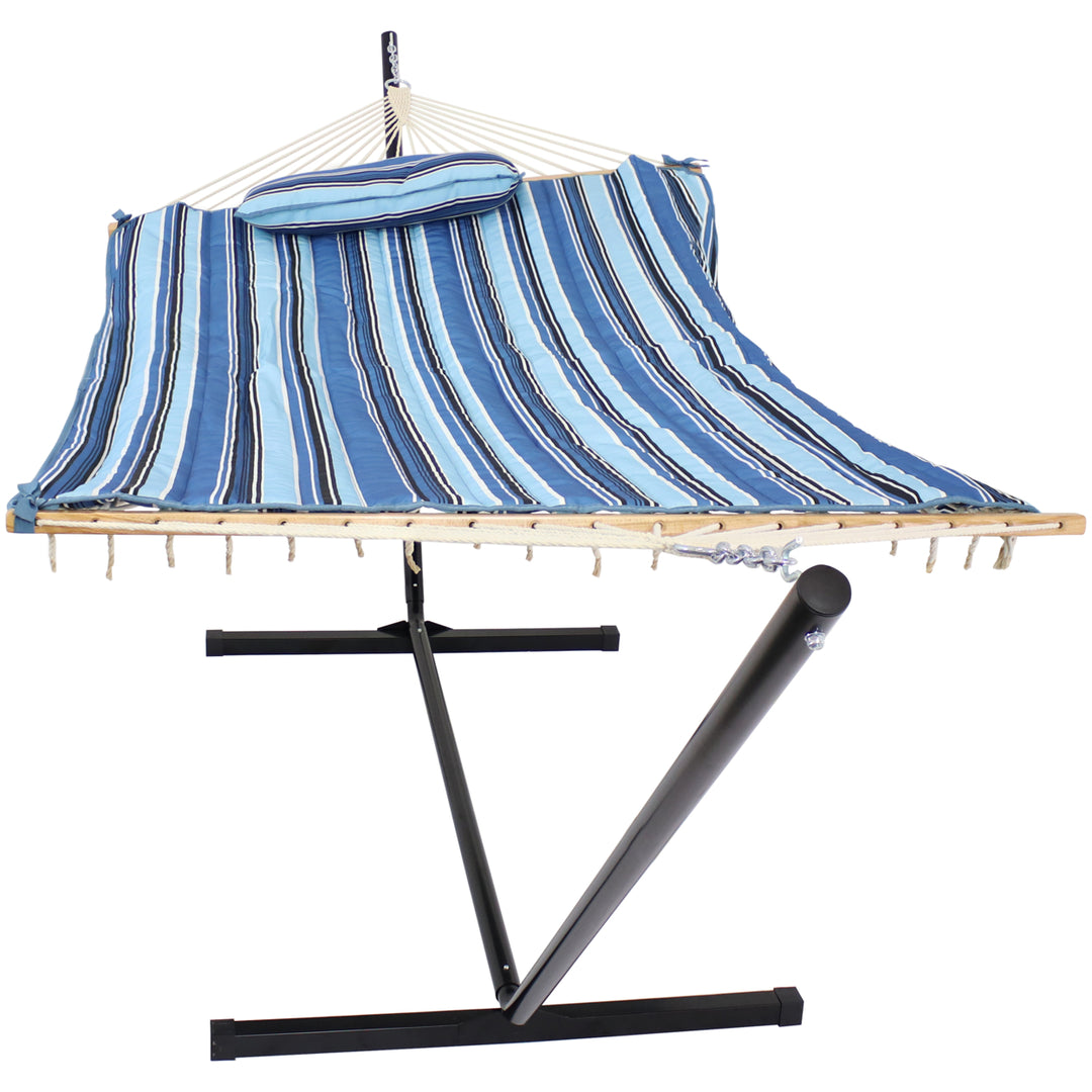 Sunnydaze Large Rope Hammock with Steel Stand and Pad/Pillow - Misty Beach Image 5