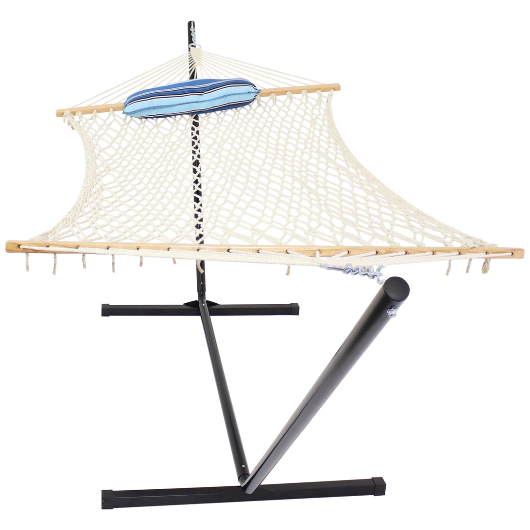 Sunnydaze Large Rope Hammock with Steel Stand and Pad/Pillow - Misty Beach Image 6