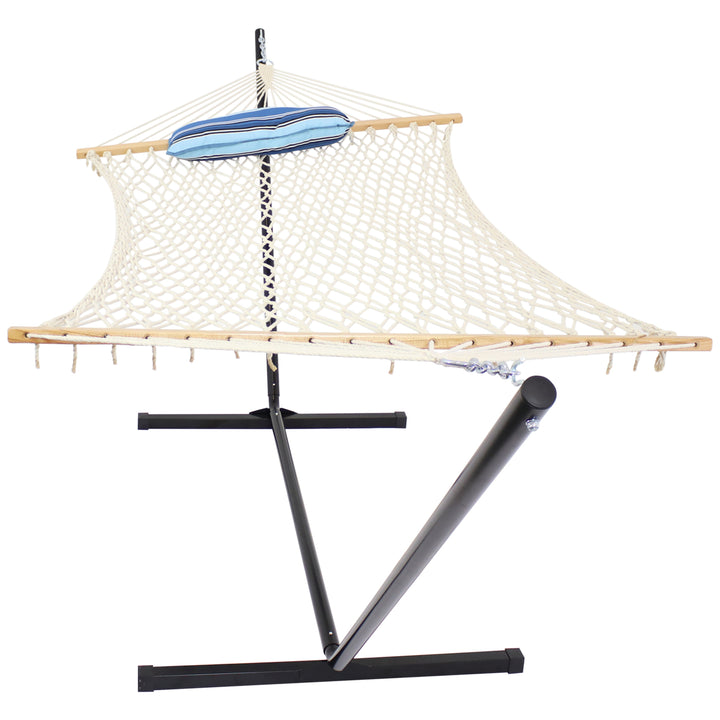 Sunnydaze Large Rope Hammock with Steel Stand and Pad/Pillow - Misty Beach Image 6