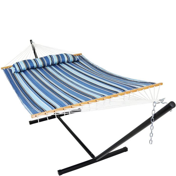 Sunnydaze 2-Person Quilted Fabric Hammock with Steel Stand - Misty Beach Image 1