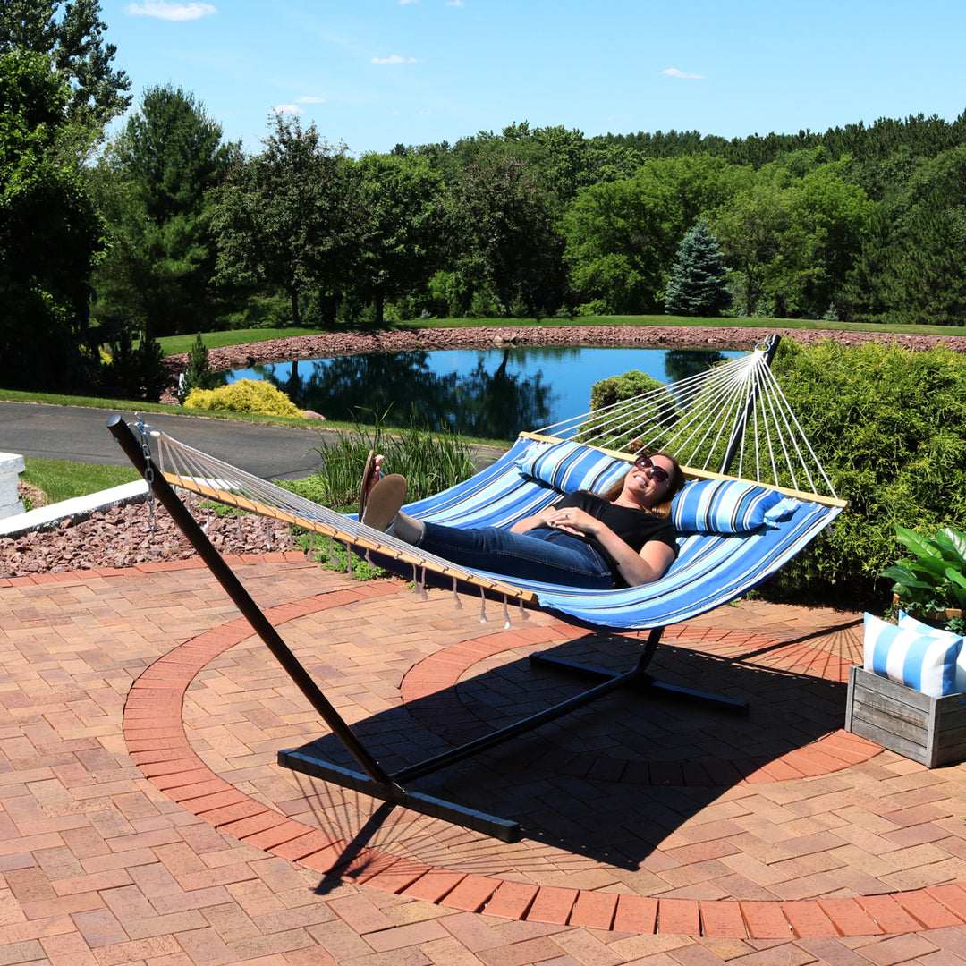 Sunnydaze 2-Person Quilted Fabric Hammock with Steel Stand - Misty Beach Image 7